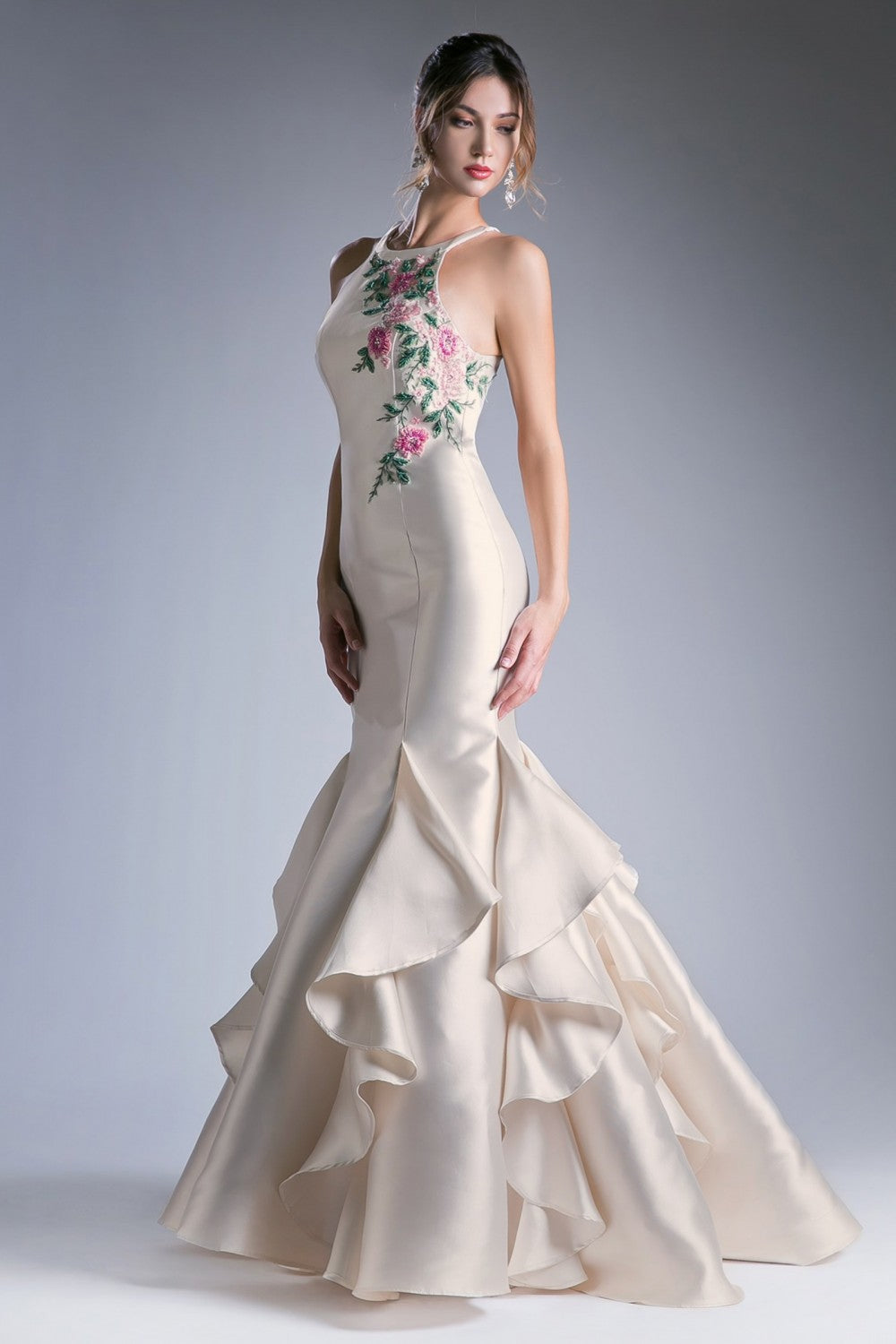 Clearance Sale -Fitted Mikado Mermaid Dress With Embroidered Flowers And Keyhole Back Opening by Cinderella Divine -83830