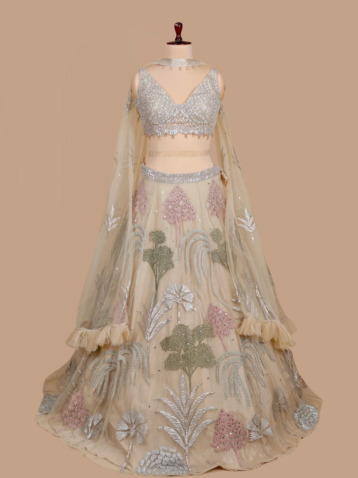 MyFashion KLS-2707 Beige Net Party Wear Lehenga with Mirror Sequins Design