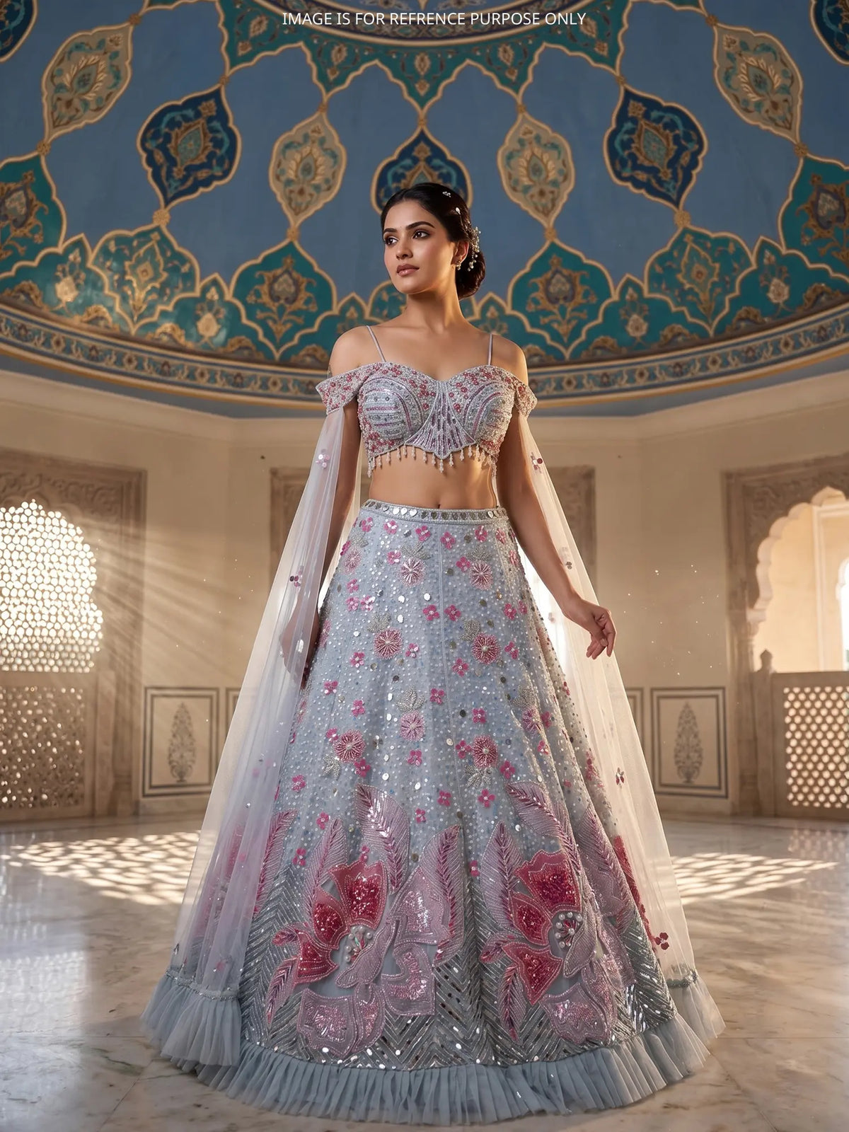 MyFashion KLS-2754 Sky Blue Net PDP Lehenga Pearl Mirror Design
