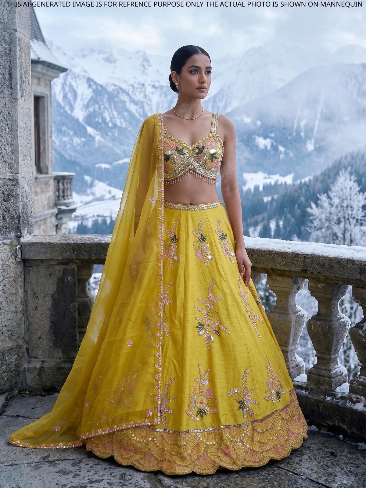 MyFashion KLS-2709 Raw Silk Sequins Pearl Work Haldi Lehenga