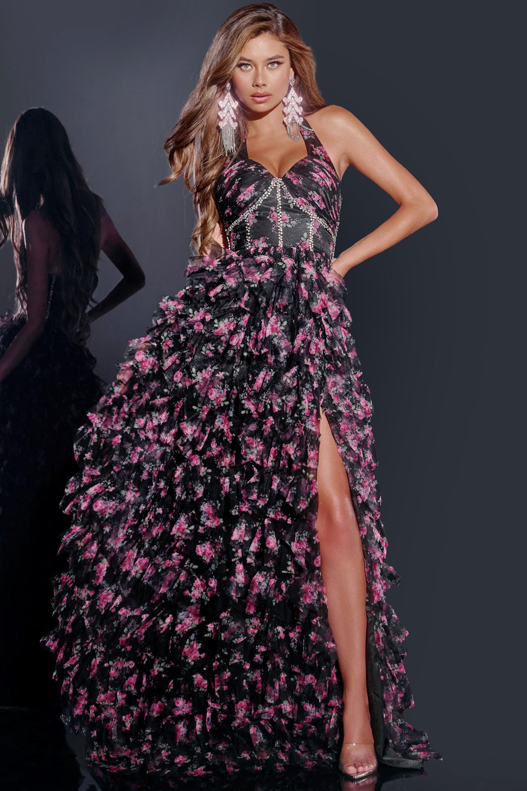 Jovani -D5065 Floral Tiered Gown with Elegant Slit