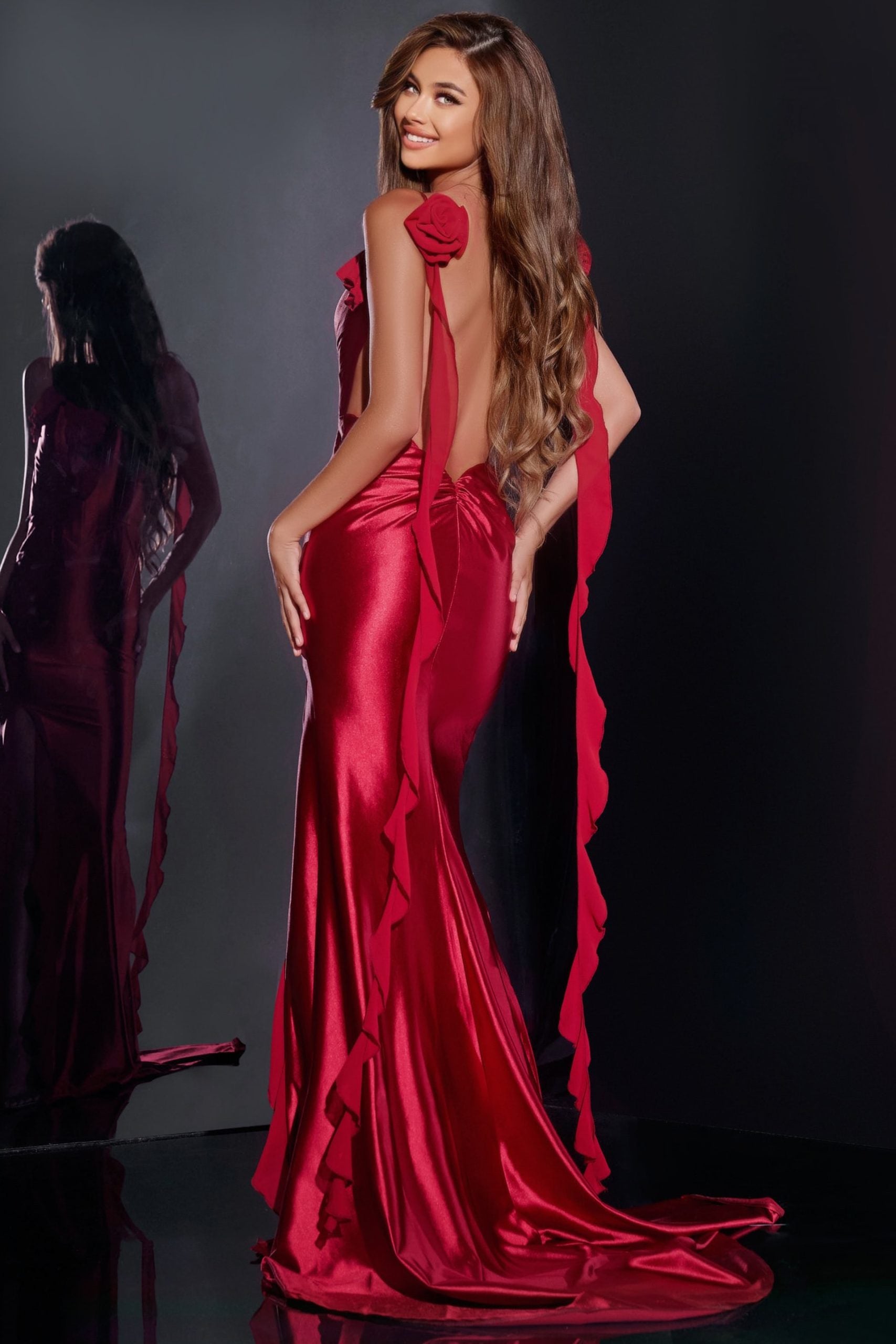 Jovani -D5078 Elegant Gown with Rose Shoulder Detail and Thigh-High Slit