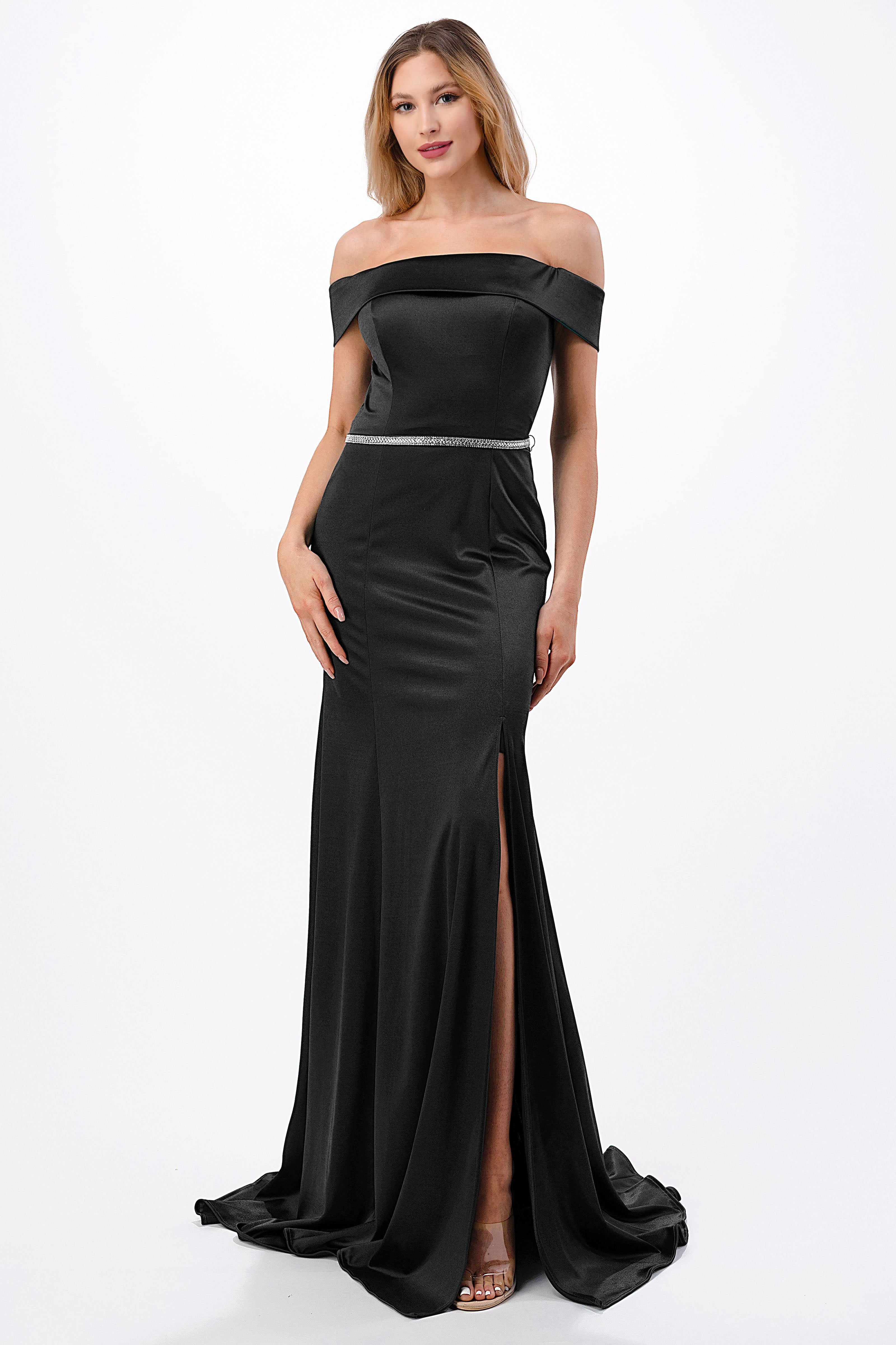 Aspeed Design -D548 Fitted Long Off Shoulder Satin Slit Dress