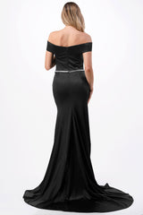 Aspeed Design -D548 Fitted Long Off Shoulder Satin Slit Dress