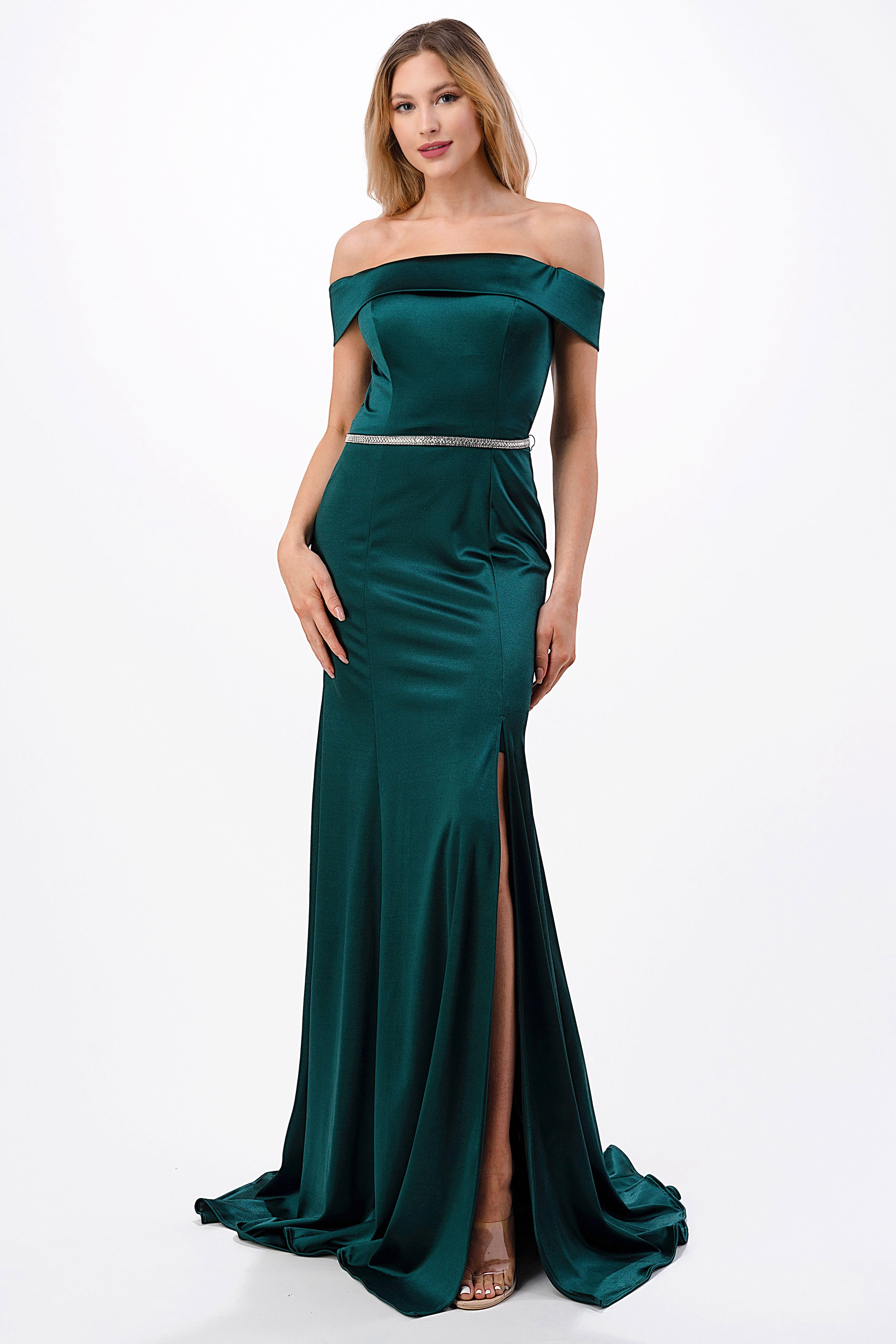 Aspeed Design -D548 Fitted Long Off Shoulder Satin Slit Dress