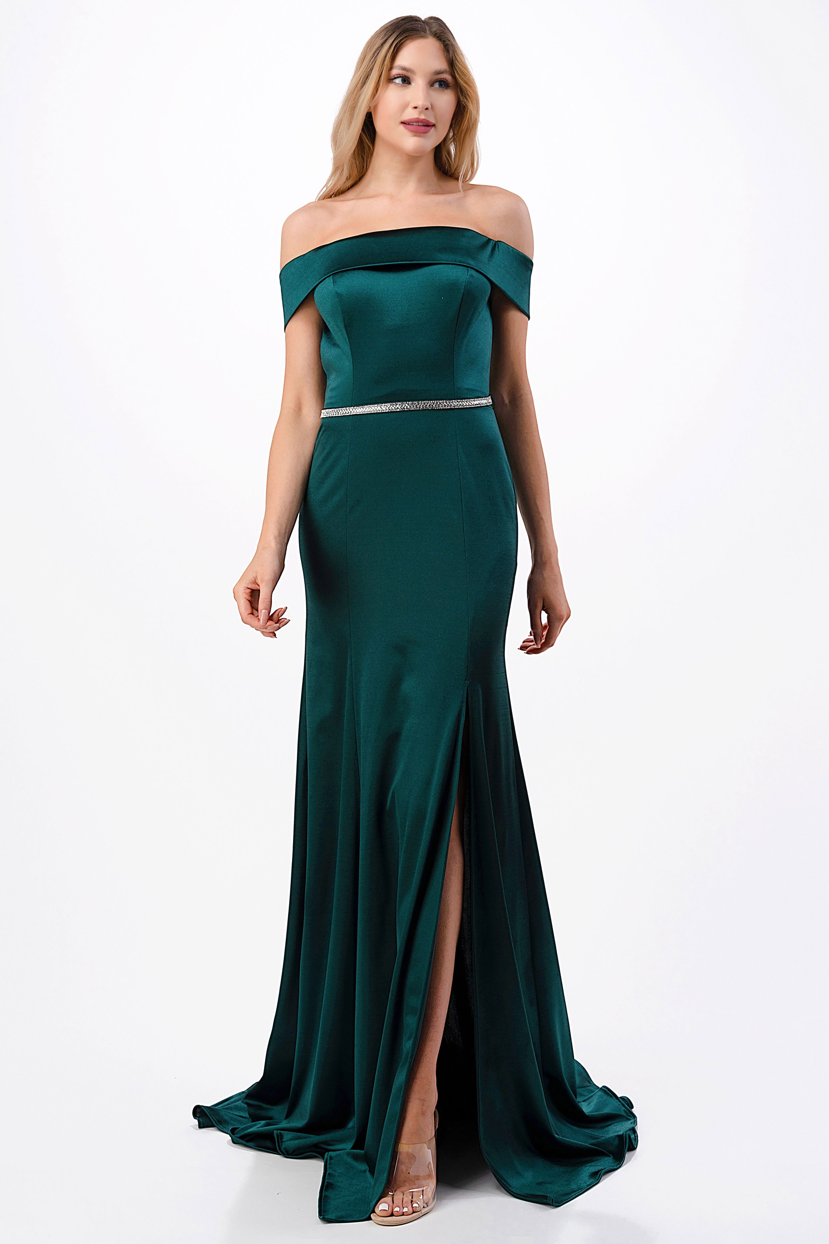 Aspeed Design -D548 Fitted Long Off Shoulder Satin Slit Dress