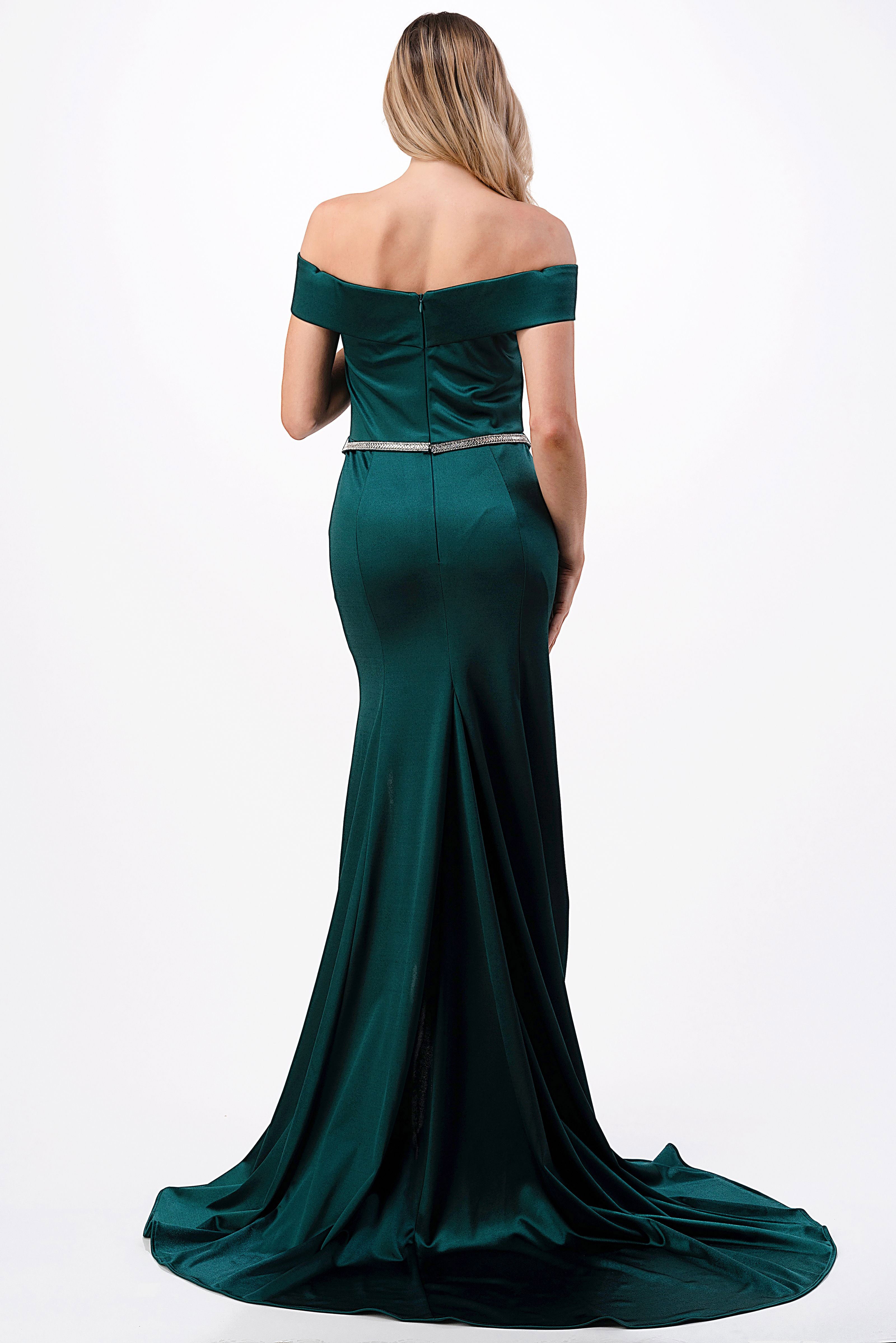 Aspeed Design -D548 Fitted Long Off Shoulder Satin Slit Dress