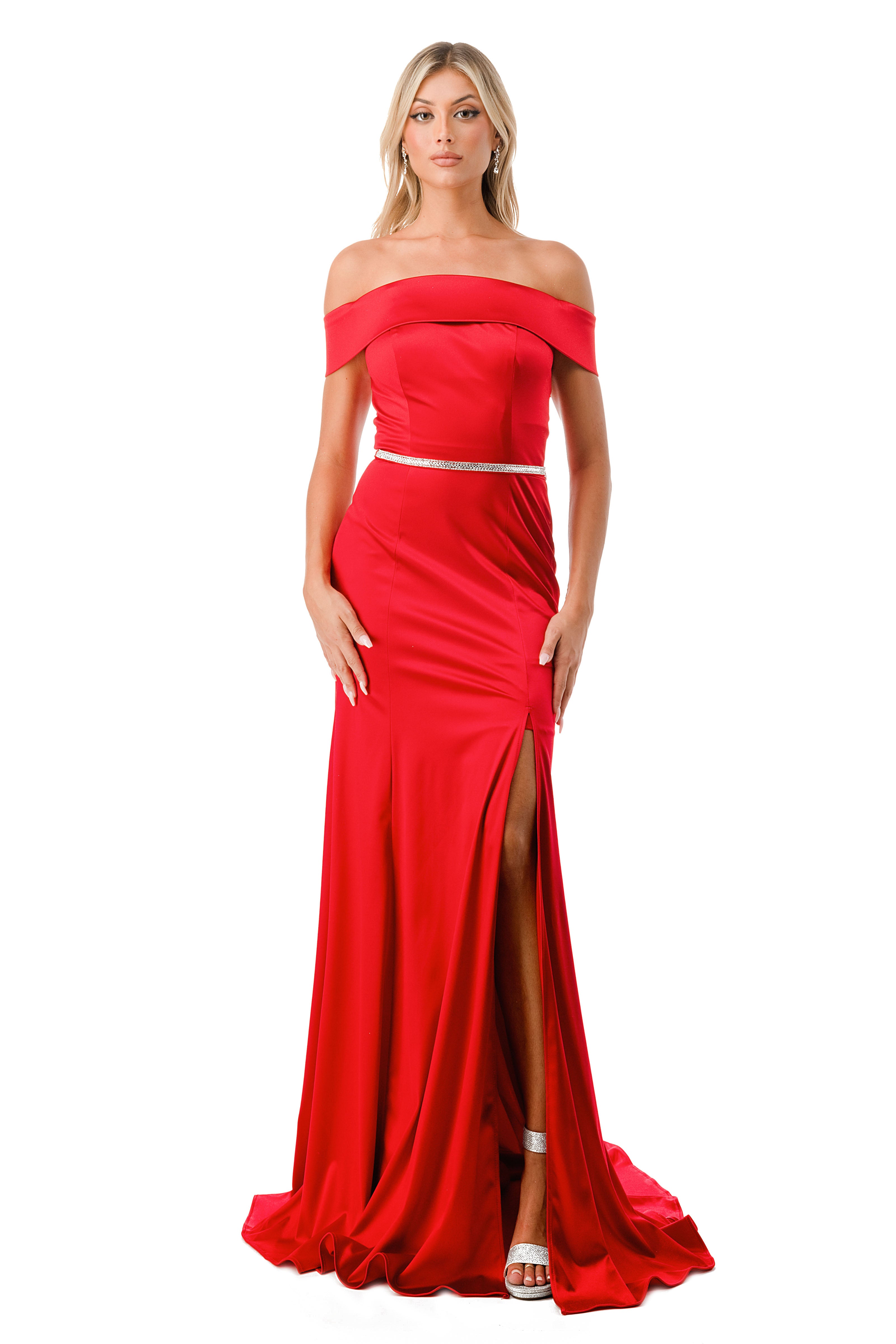 Aspeed Design -D548 Fitted Long Off Shoulder Satin Slit Dress