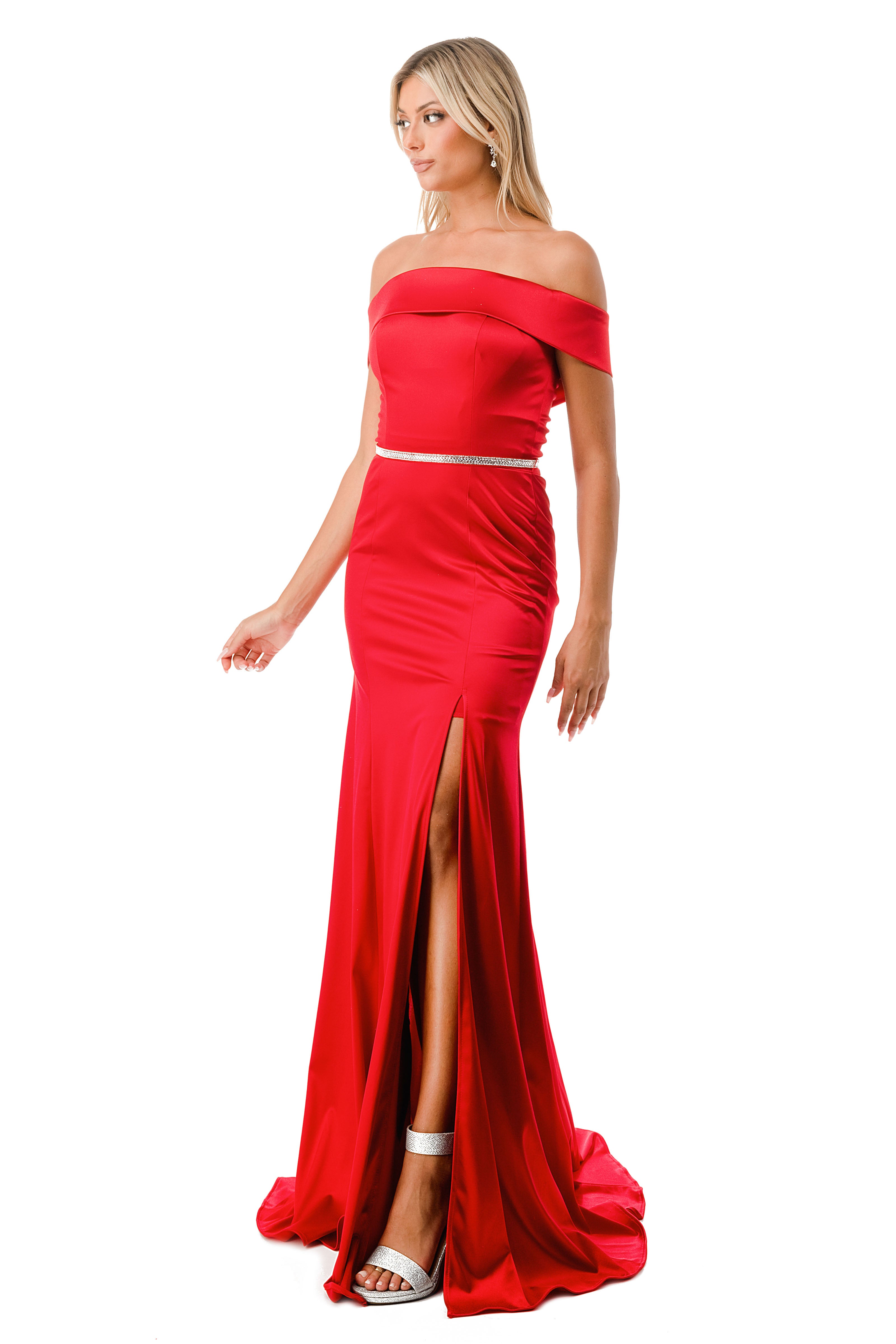 Aspeed Design -D548 Fitted Long Off Shoulder Satin Slit Dress