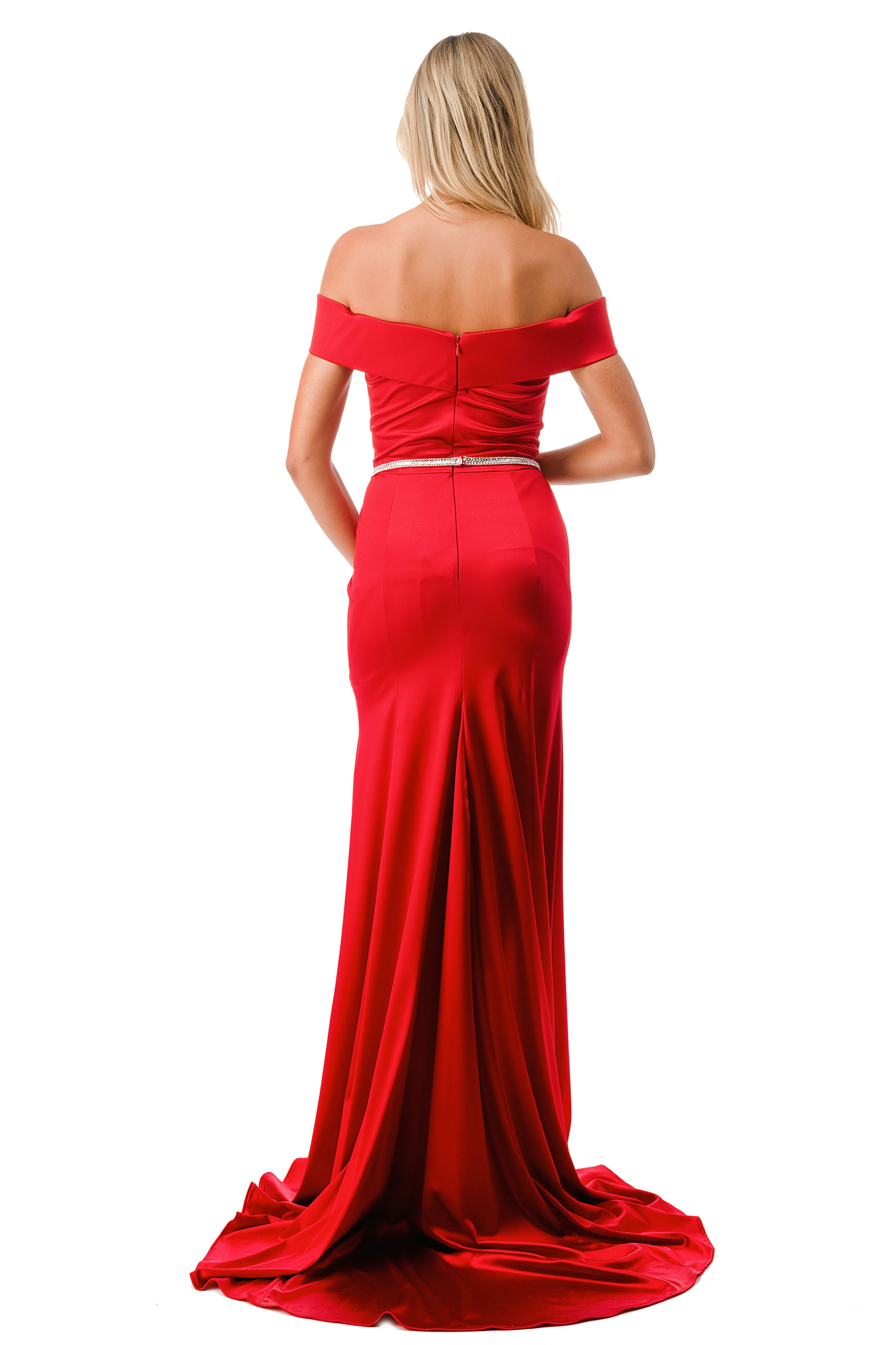 Aspeed Design -D548 Fitted Long Off Shoulder Satin Slit Dress