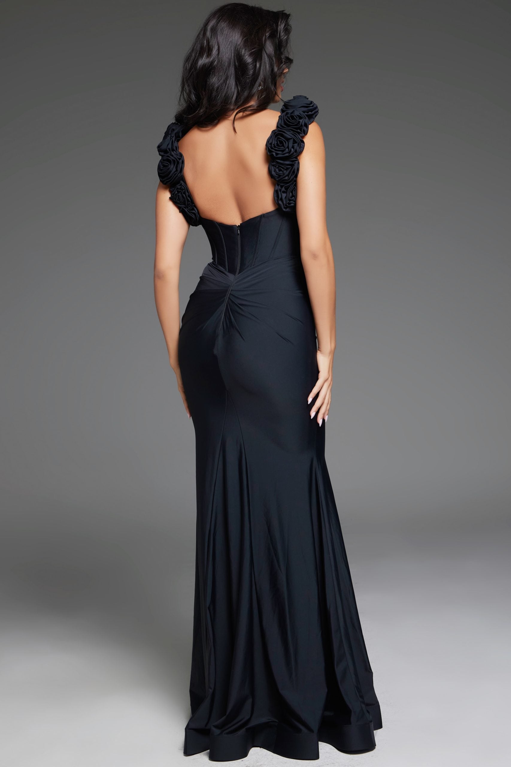 Jovani -D5810 V Neck Dress With Sculpted Floral Shoulder Detail Prom Dress