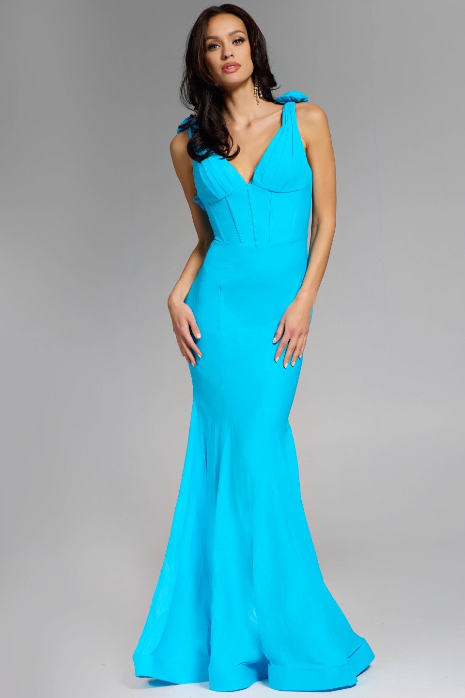 Jovani -D5810 V Neck Dress With Sculpted Floral Shoulder Detail Prom Dress