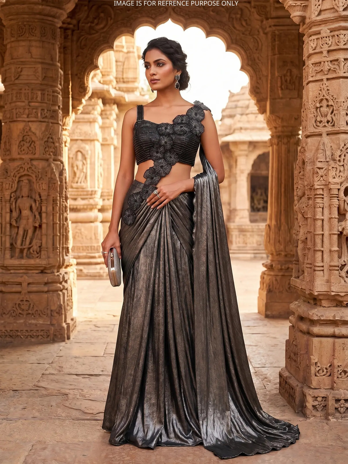 MyFashion KLS-2739 Dark Grey Imported Lycra Pre Draped Saree With Crystal Work