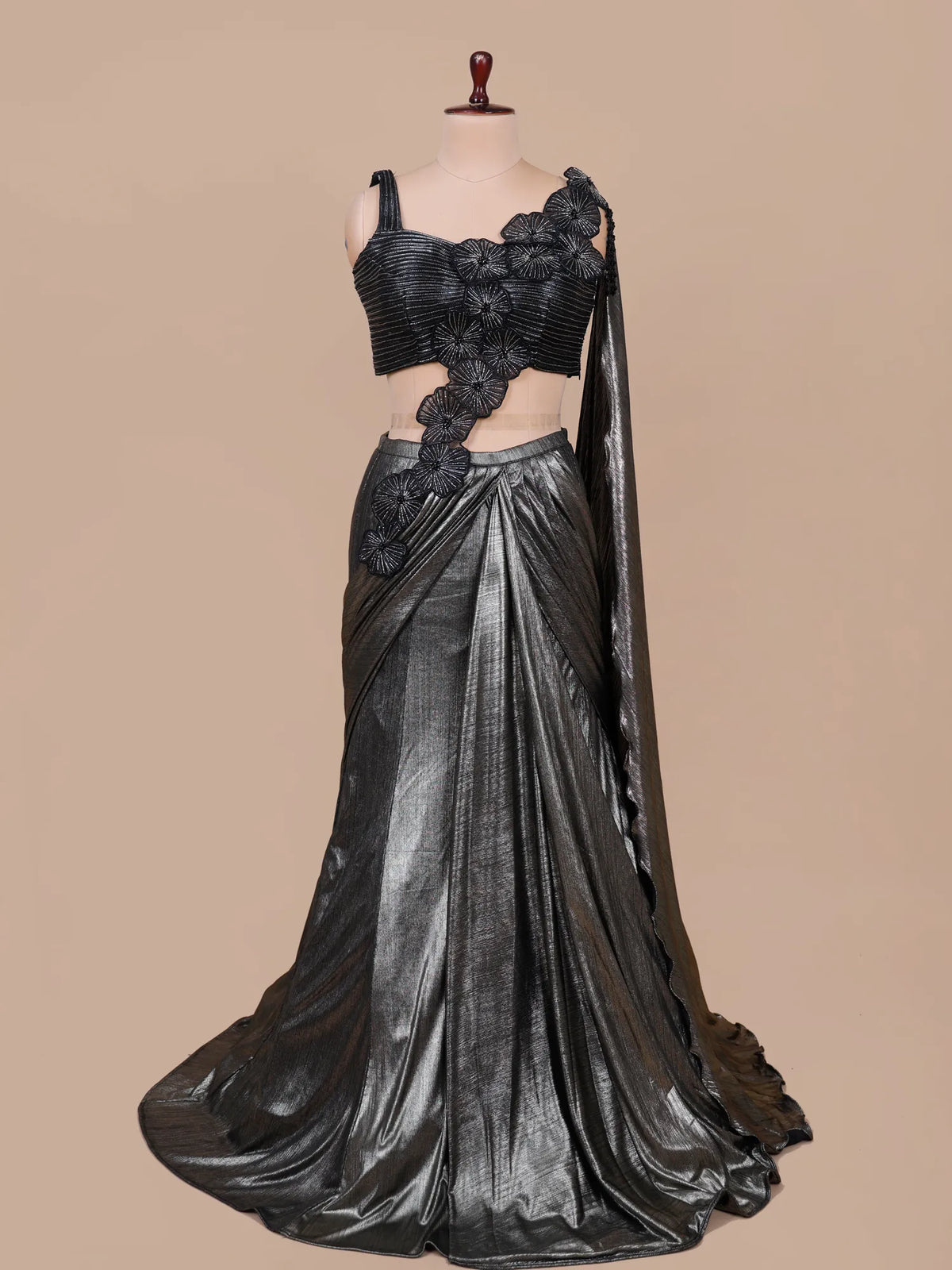 MyFashion KLS-2739 Dark Grey Imported Lycra Pre Draped Saree With Crystal Work