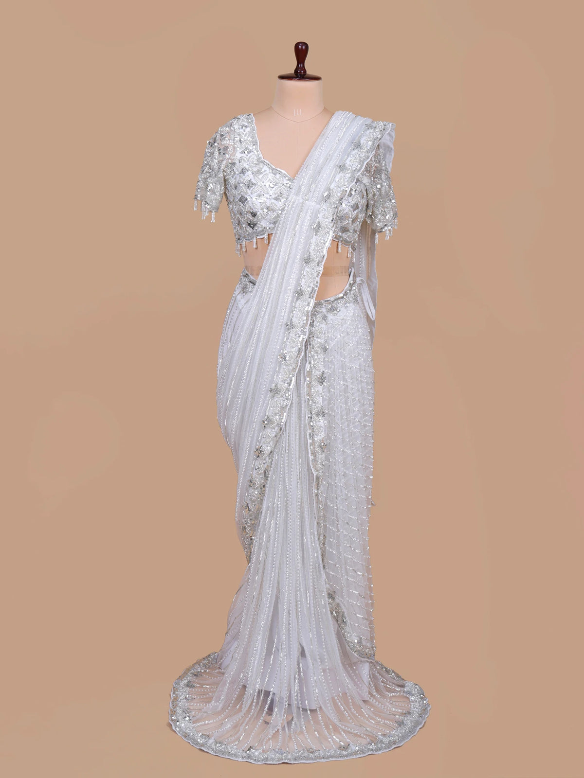 MyFashion KLS-2719 Luxury White Net Heavy Sequins Beads Party Wear Saree