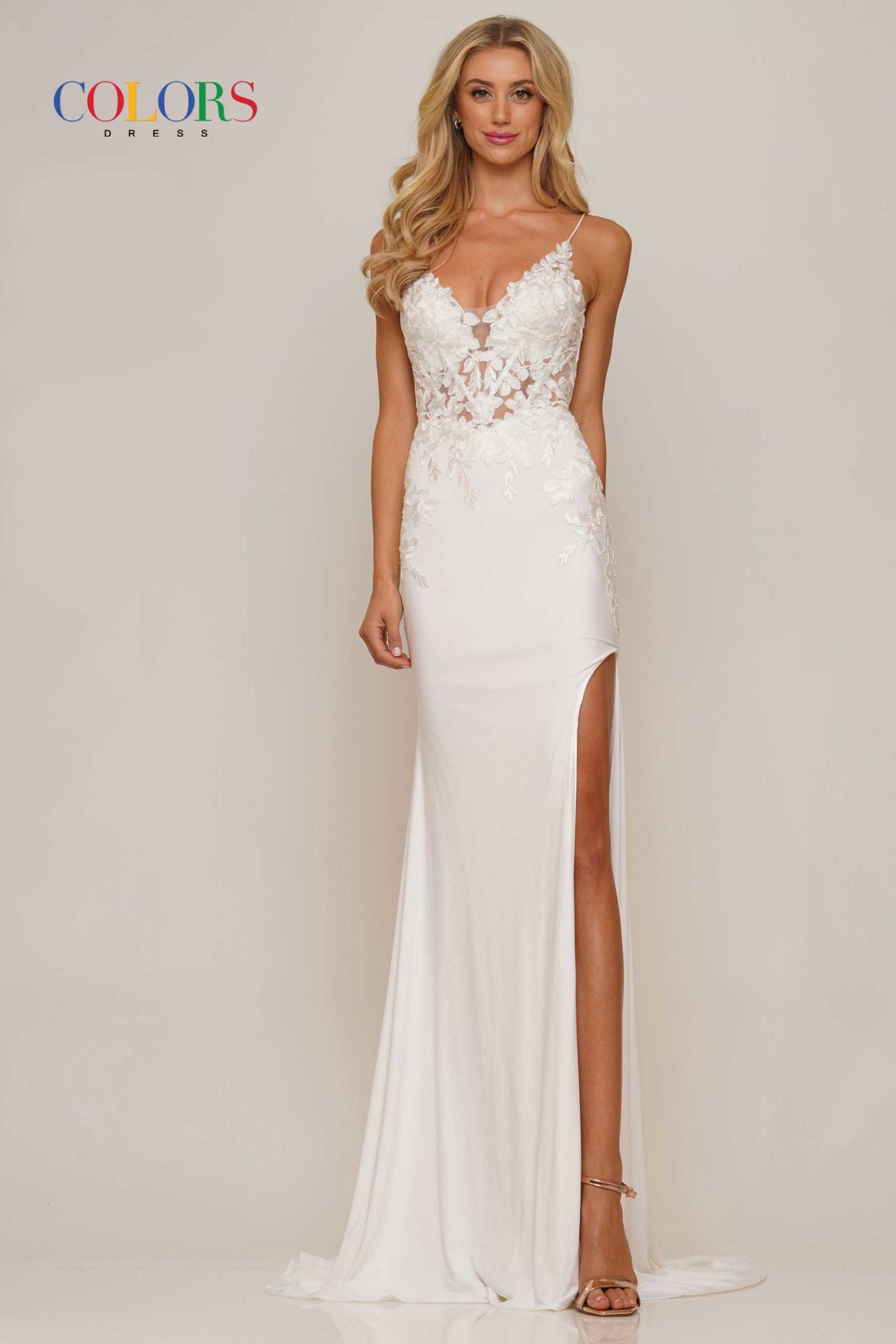 Colors Dress -G1086 Embroidered Lace Sheath High Slit Dress