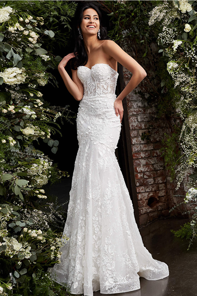 Off White Strapless Embroidered Bridal Dress By Jovani -JB02836