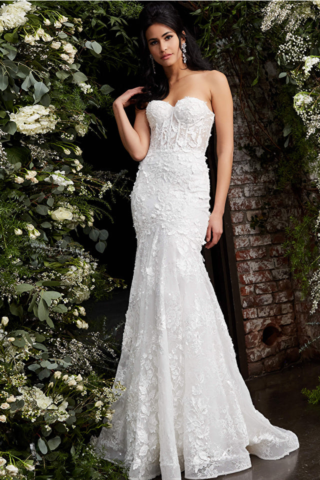 Off White Strapless Embroidered Bridal Dress By Jovani -JB02836