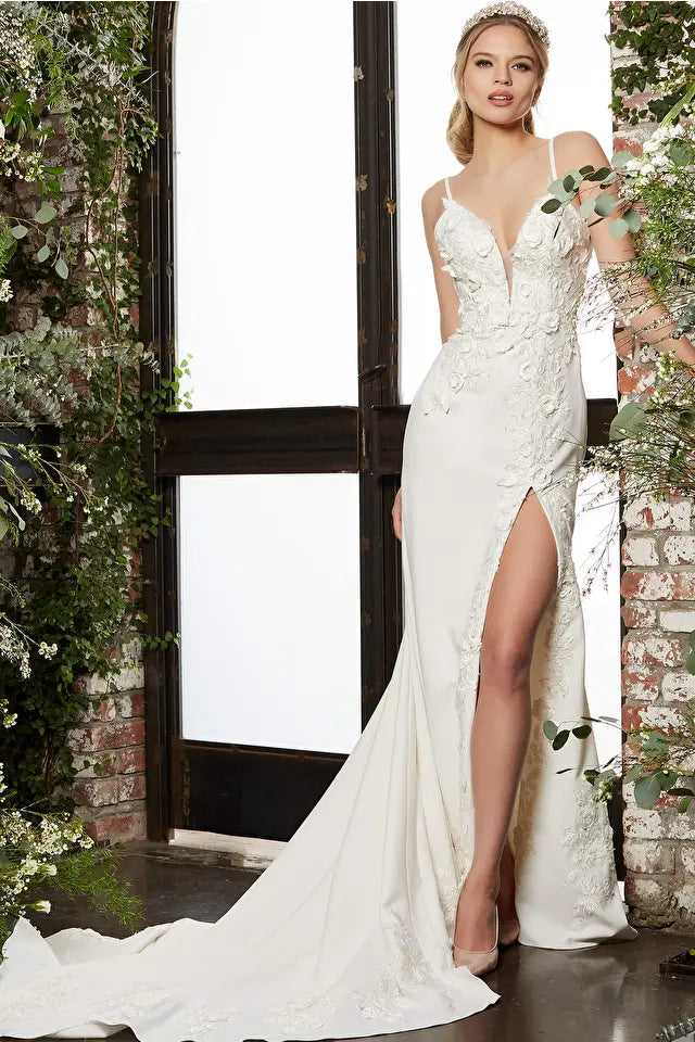 Jovani -JB05846 Lace Applique Plunging Neck Bridal Dress