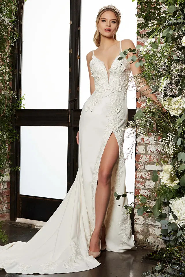 Jovani -JB05846 Lace Applique Plunging Neck Bridal Dress