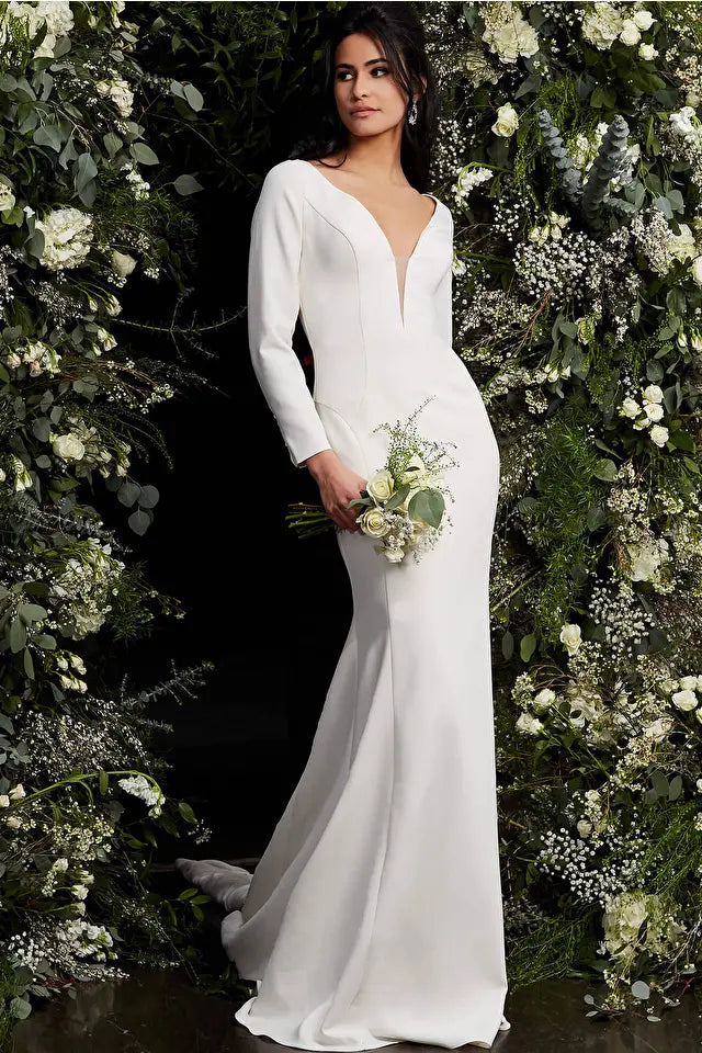 Jovani -JB06911 Plunging V-Neck Long Sleeve Wedding Dress