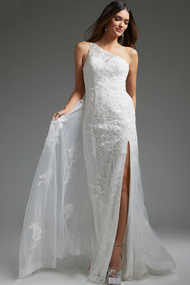 Jovani -JB37601 One Shoulder Lace Applique Bridal Dress