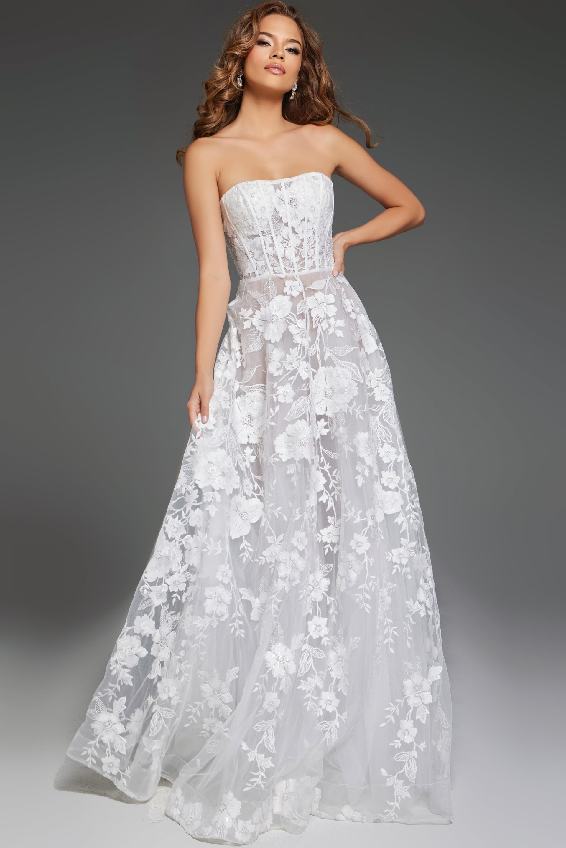 Jovani -JB42148 Strapless Floral Lace Bridal Gown