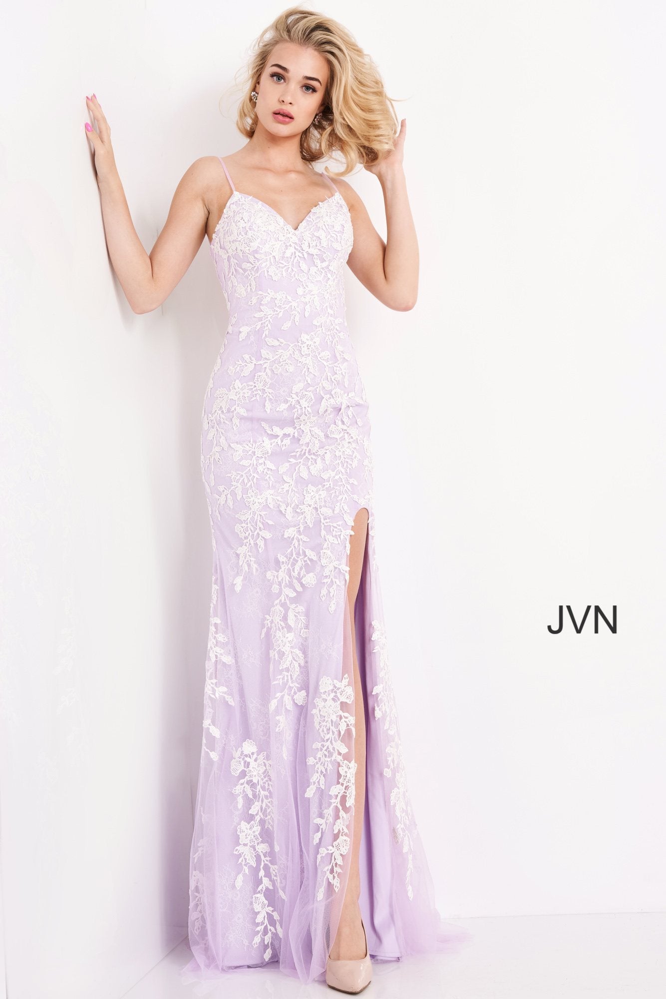 Long Appliqued High Slit Sheath Gown By Jovani -06660