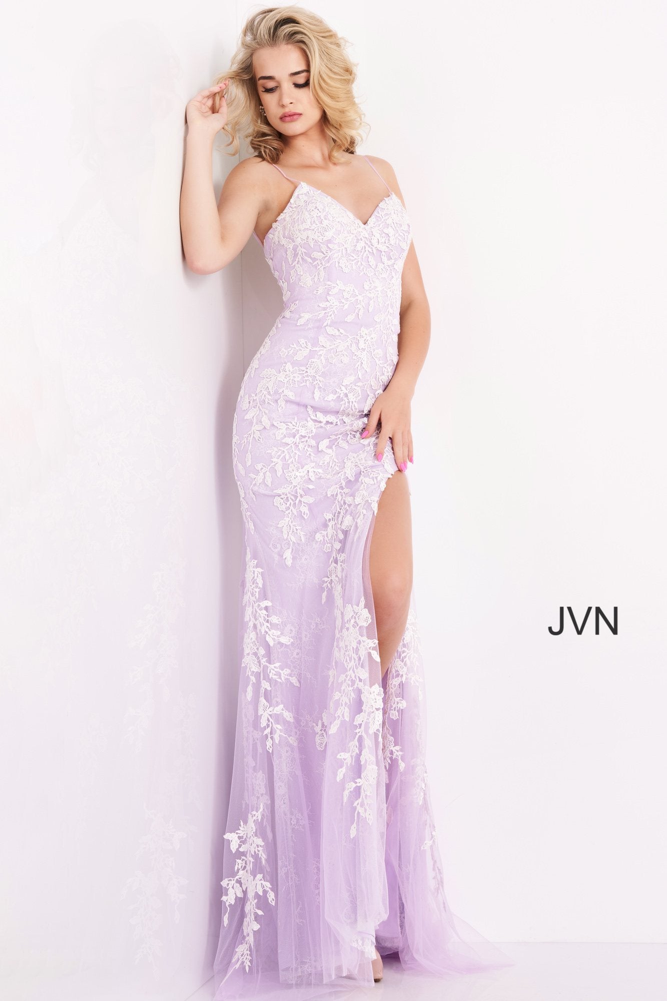 Long Appliqued High Slit Sheath Gown By Jovani -06660