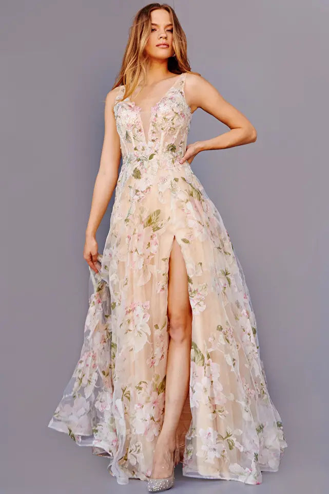 Jovani -JVN23697 Floral Print Plunging Neck Prom Dress