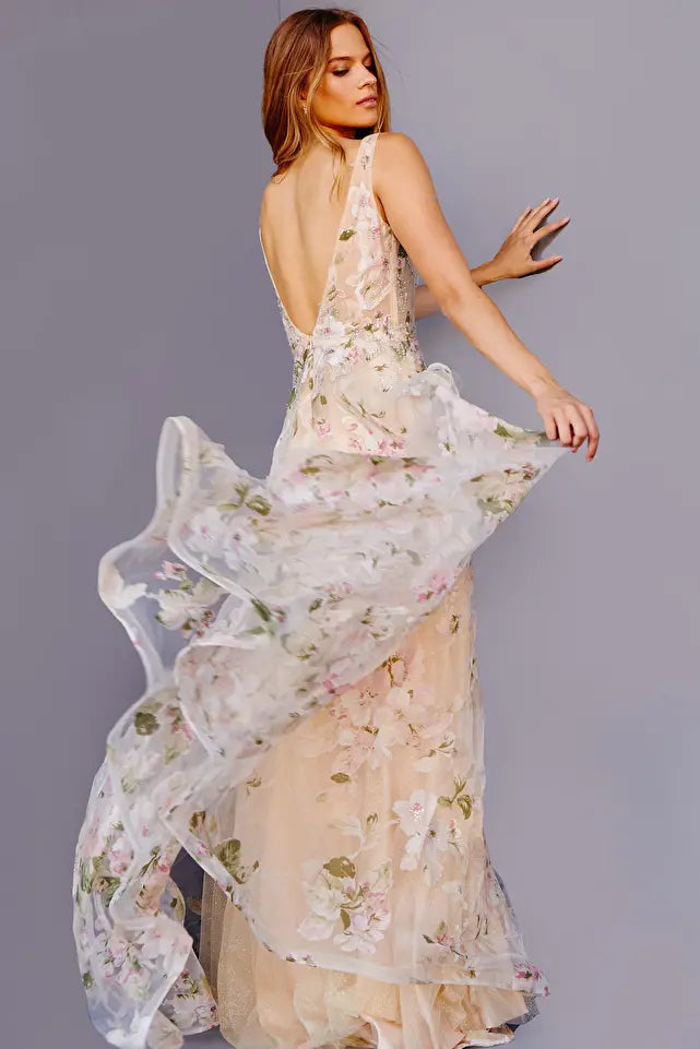 Jovani -JVN23697 Floral Print Plunging Neck Prom Dress