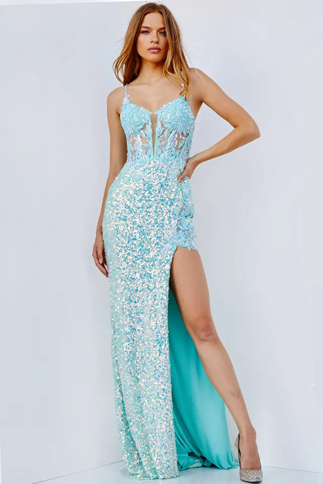 Jovani -24299 Illusion Bodice Plunging Neck Prom Dress