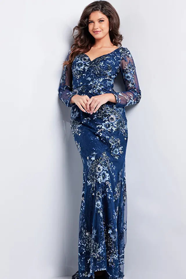 Jovani -36399 Long Sleeve V-Neck Evening Dress