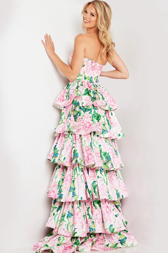 Jovani -37058 Satin Floral Print Strapless Gown