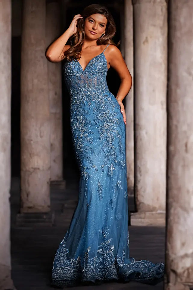 Jovani -37595 V-Neck Beaded Prom Mermaid Dress