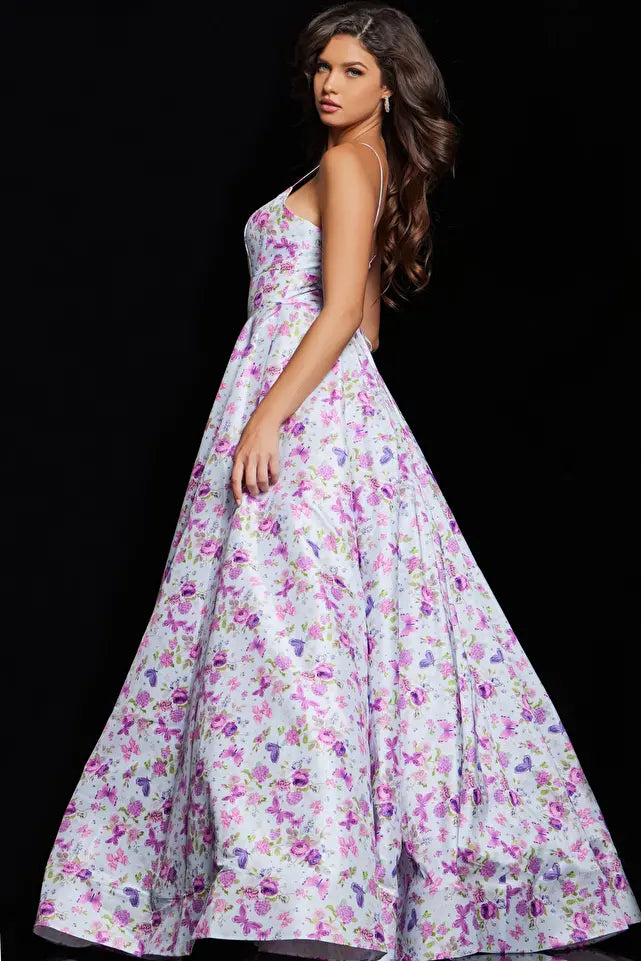 Jovani -JVN38218 Floral V-Neck Prom Ball Gown