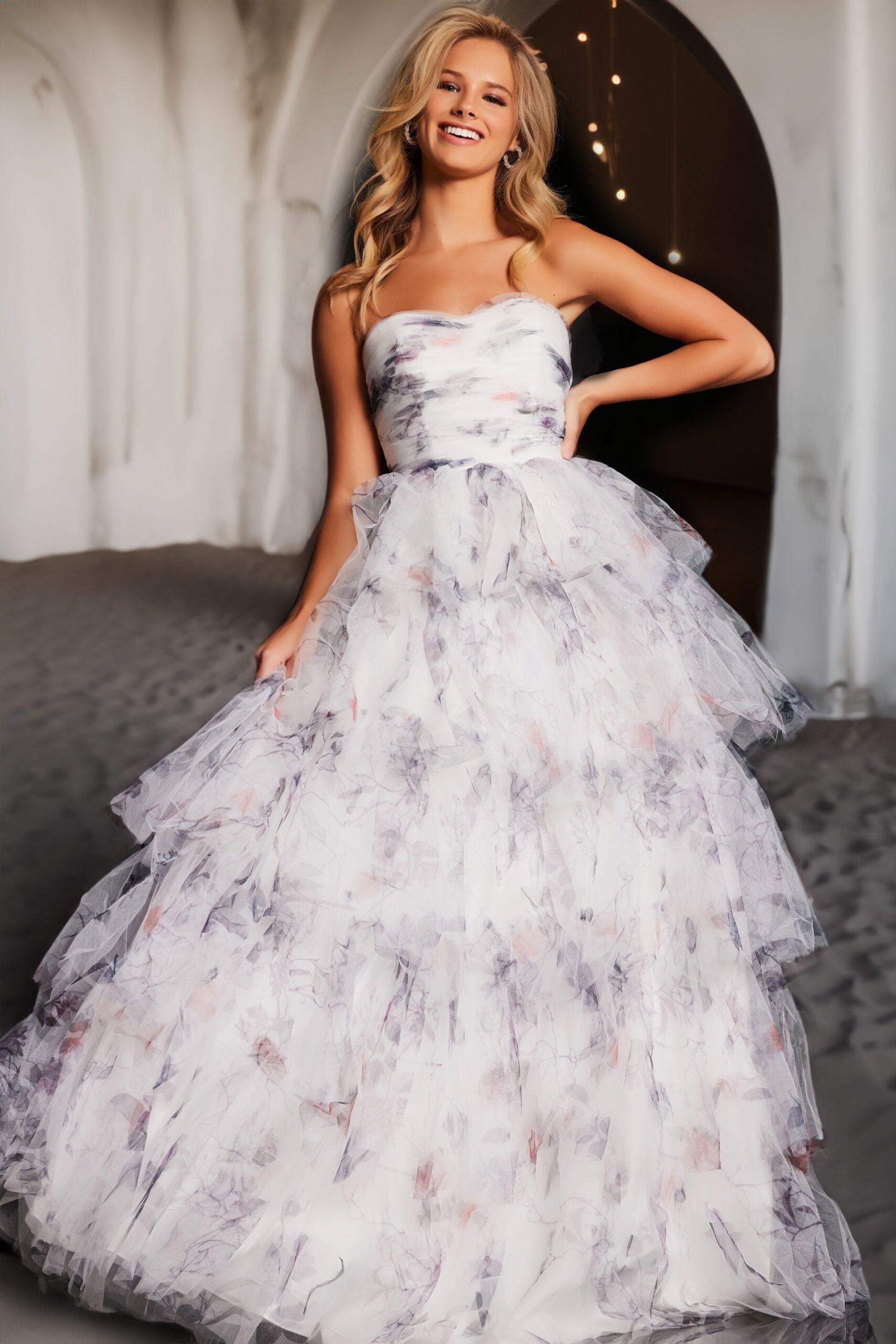 Jovani -38608 Sweetheart Printed Layered Ball Gown