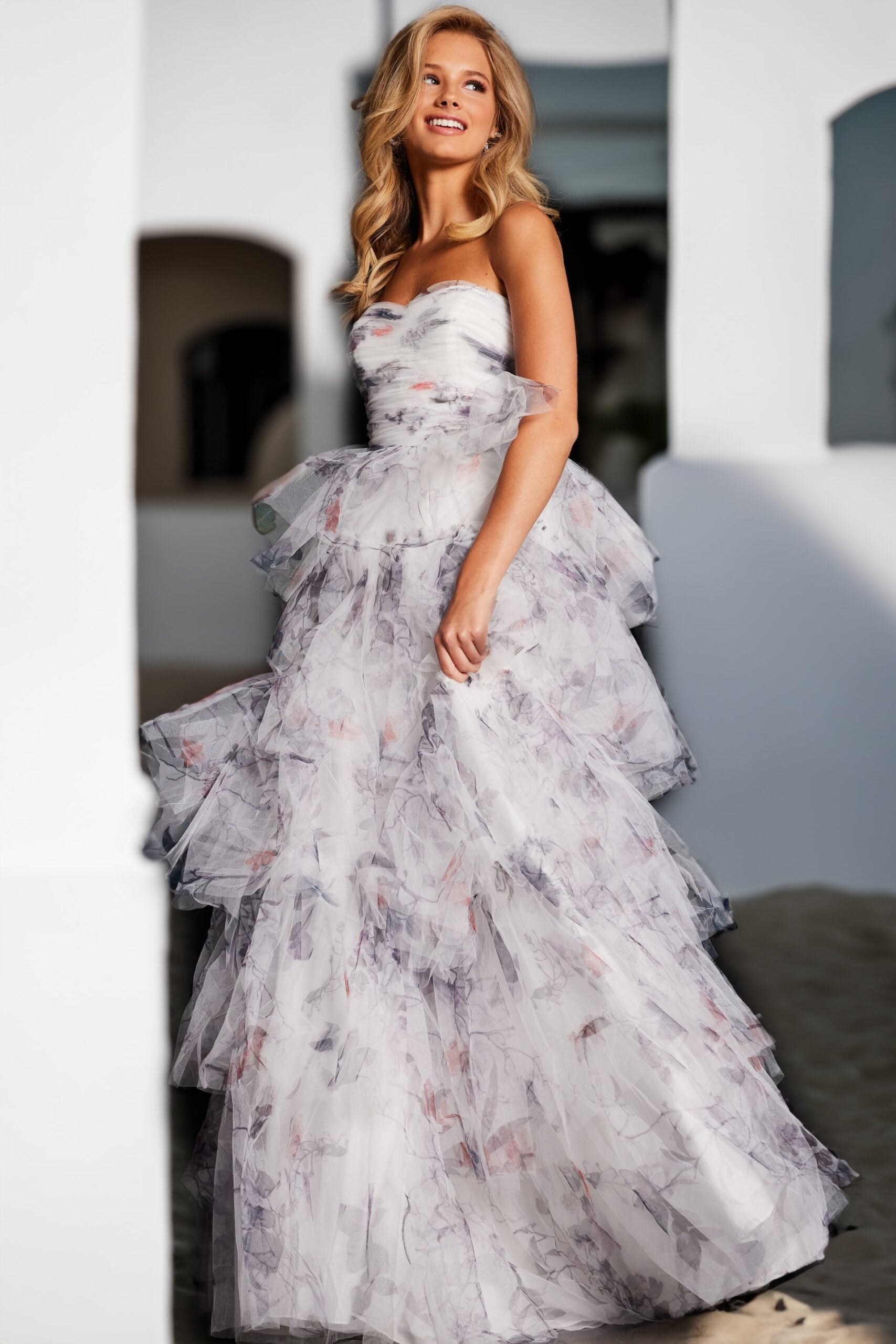 Jovani -38608 Sweetheart Printed Layered Ball Gown