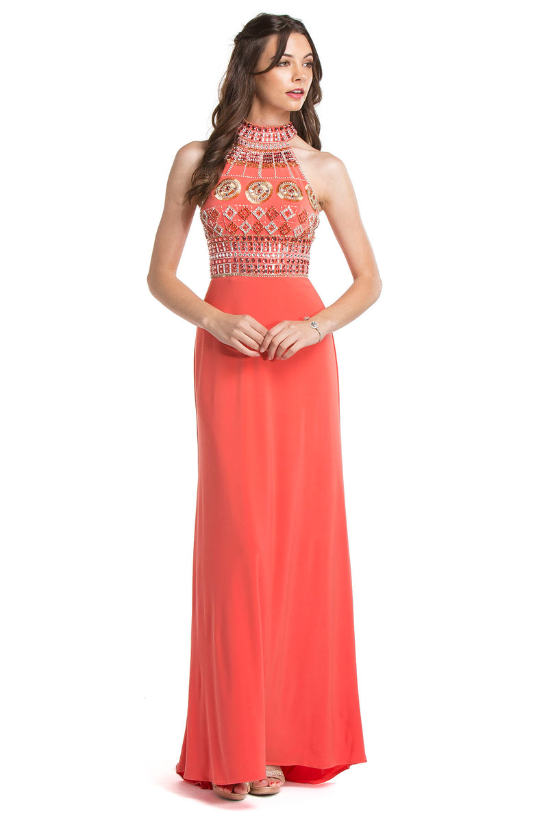Aspeed Design -L1382 Beaded Long Fitted Halter Dress