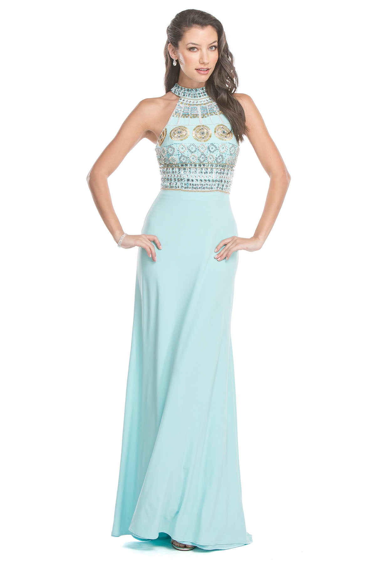 Aspeed Design -L1382 Beaded Long Fitted Halter Dress