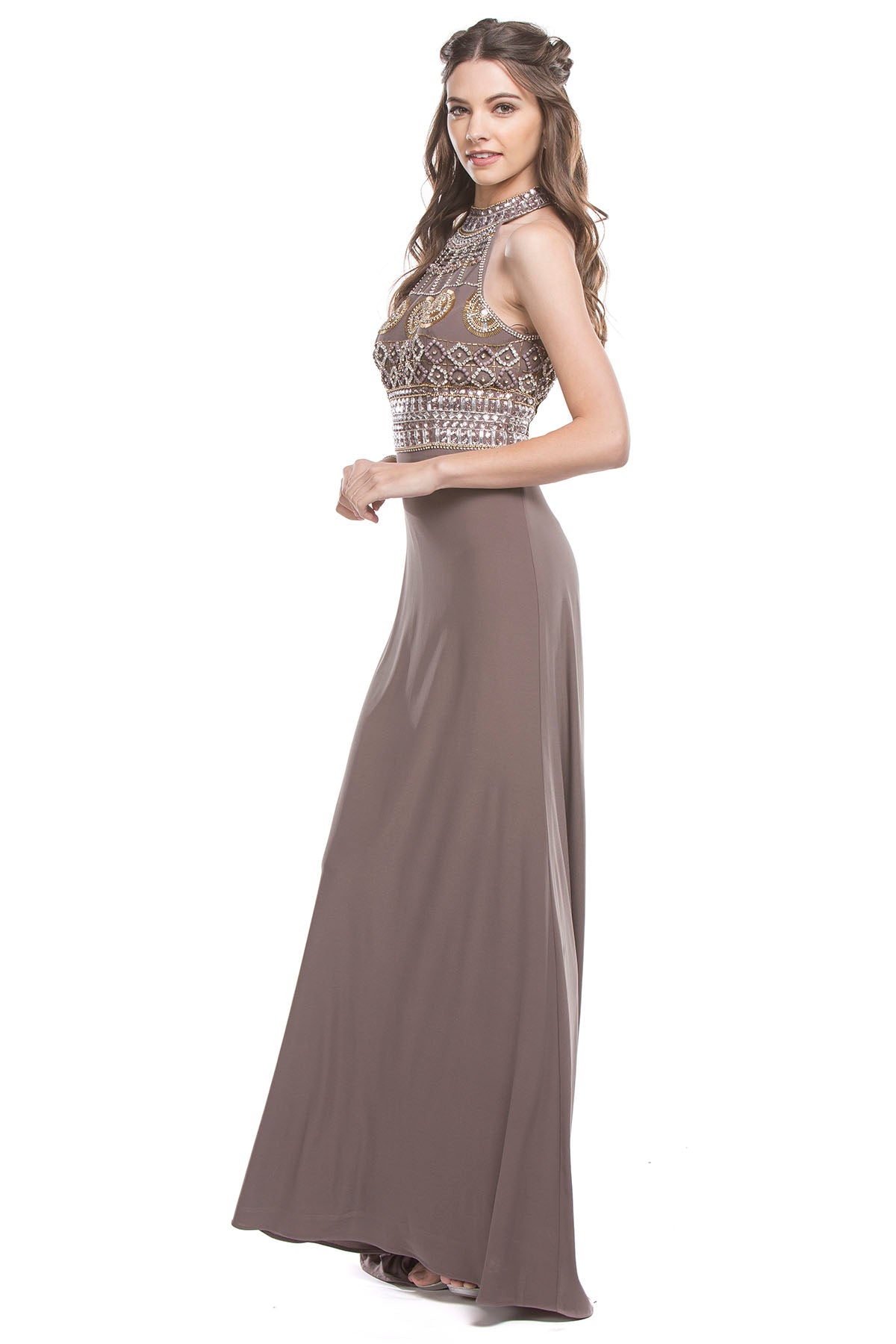 Aspeed Design -L1382 Beaded Long Fitted Halter Dress