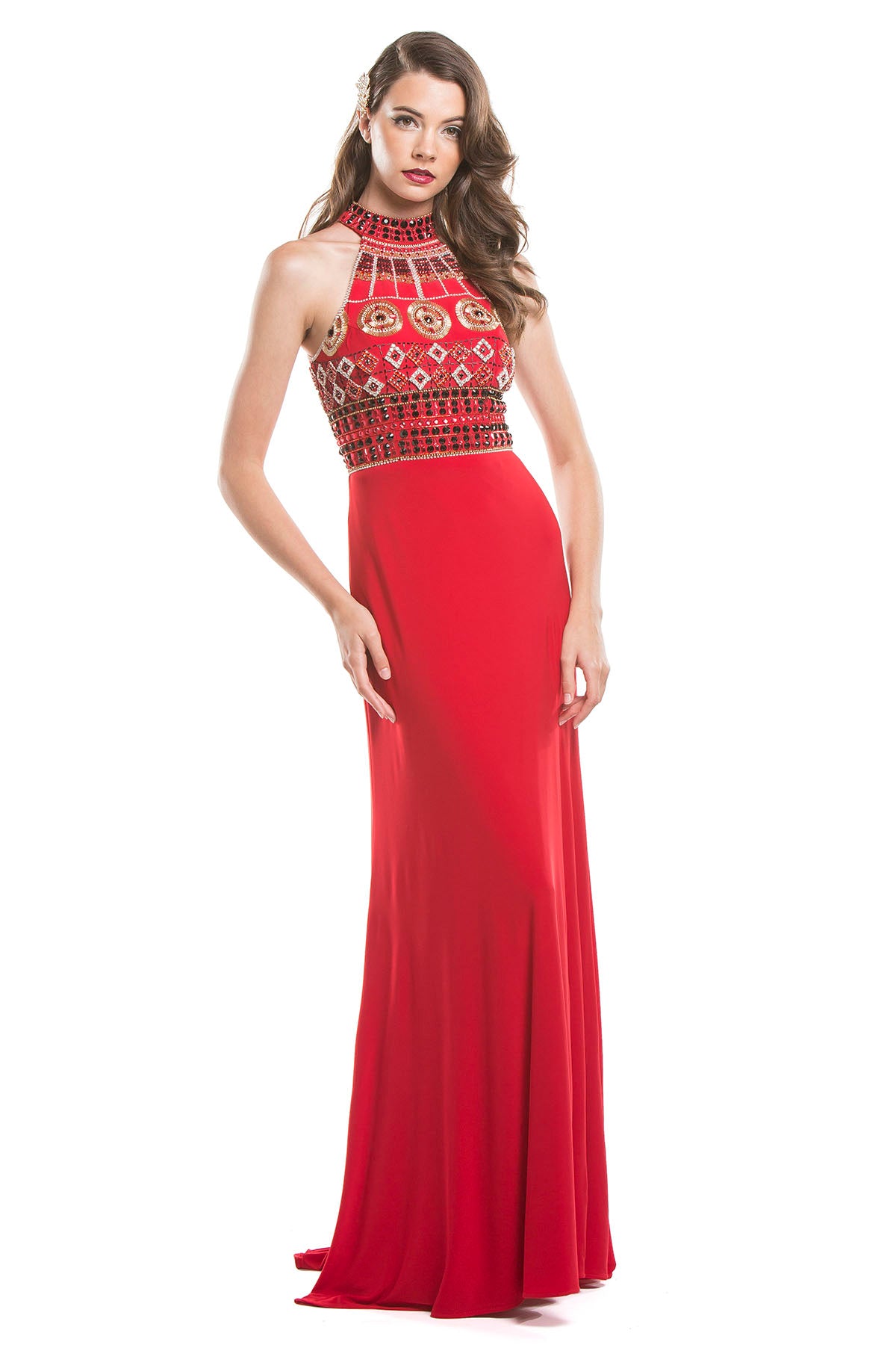 Aspeed Design -L1382 Beaded Long Fitted Halter Dress