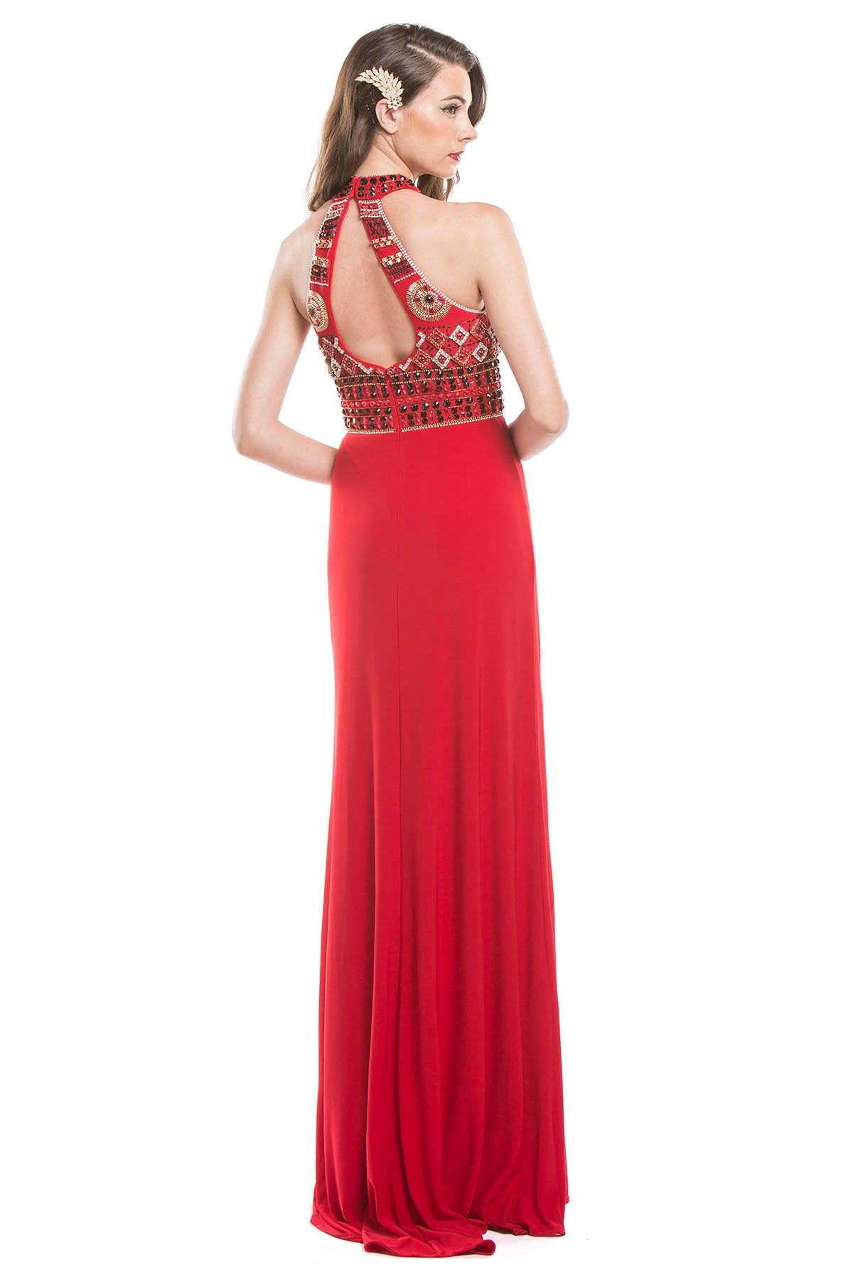 Aspeed Design -L1382 Beaded Long Fitted Halter Dress