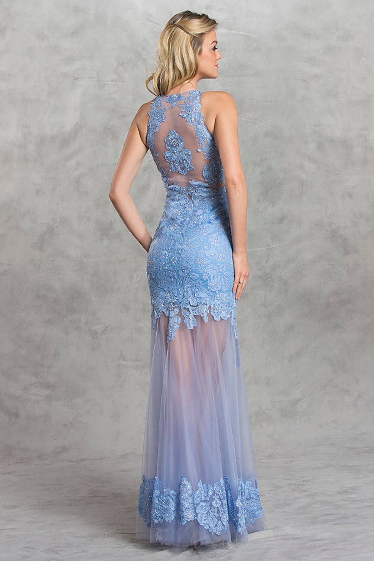 Aspeed Design -L1432 Halter Neck Long Sheath Gown Illusion Skirt