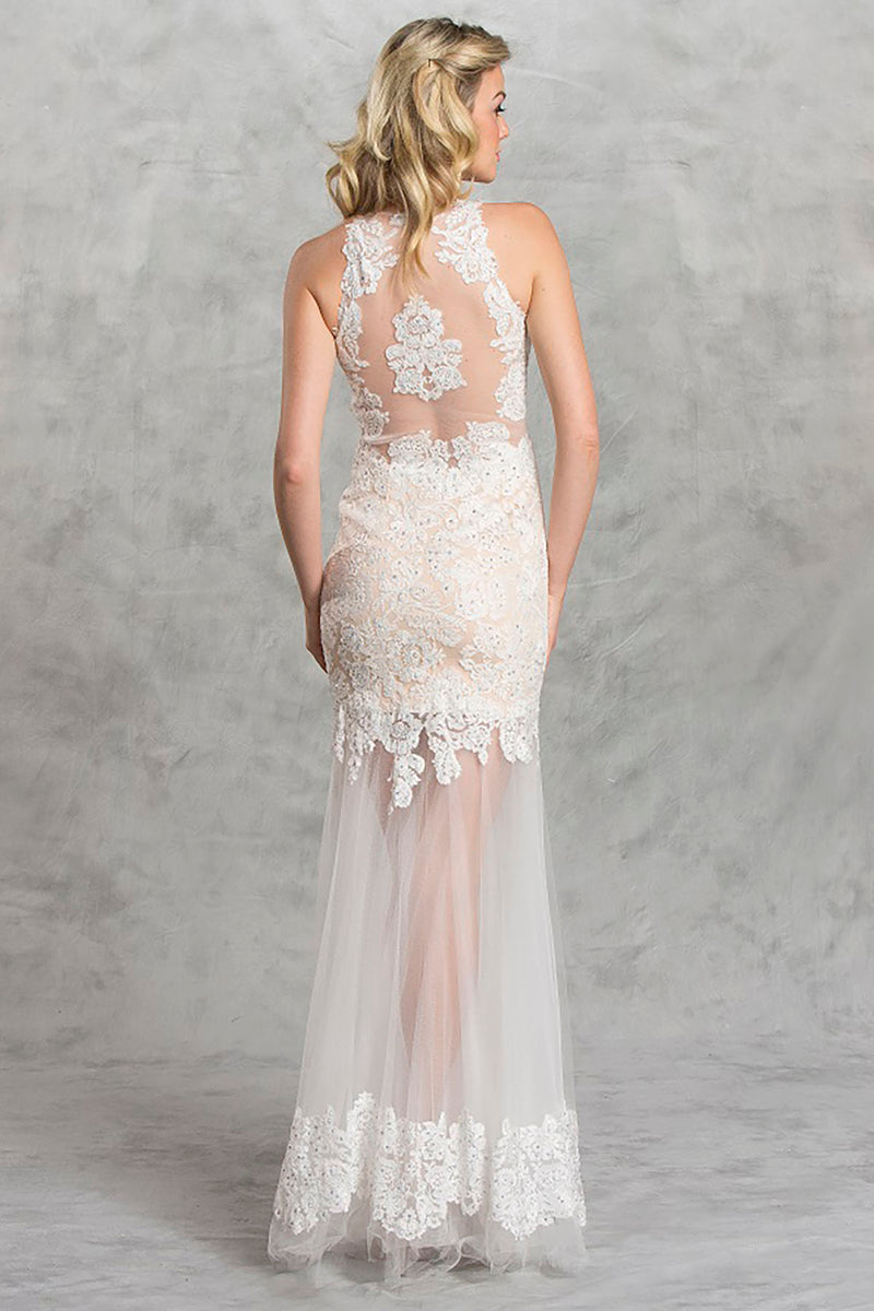 Aspeed Design -L1432 Halter Neck Long Sheath Gown Illusion Skirt