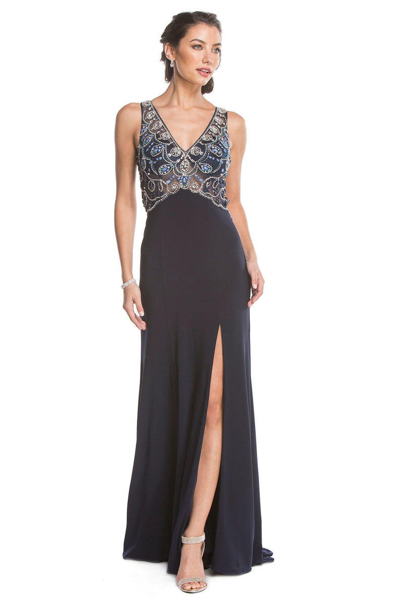 Aspeed Design -L1616 Sheer Beaded Bodice Sheath Dress