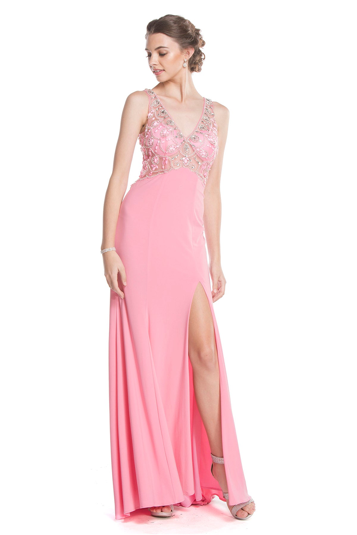 Aspeed Design -L1616 Sheer Beaded Bodice Sheath Dress