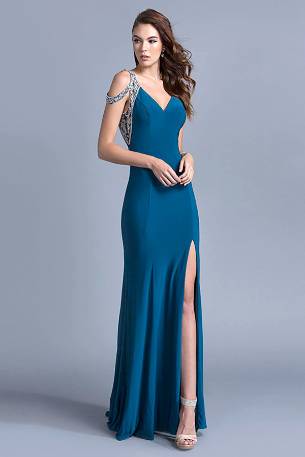 Clearance Sale -Aspeed Design -L2007 Embellished V NeckSheath Dress