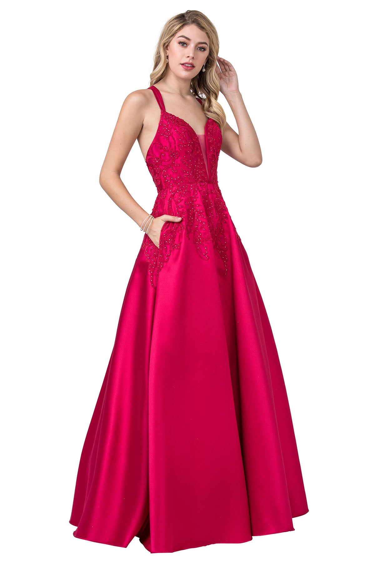 Aspeed Design -L2401 V Neck Satin A Line Dress