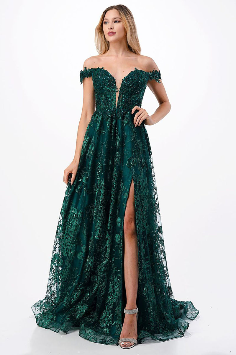 Aspeed Design -L2621 Off Shoulder Glitter A Line Dress